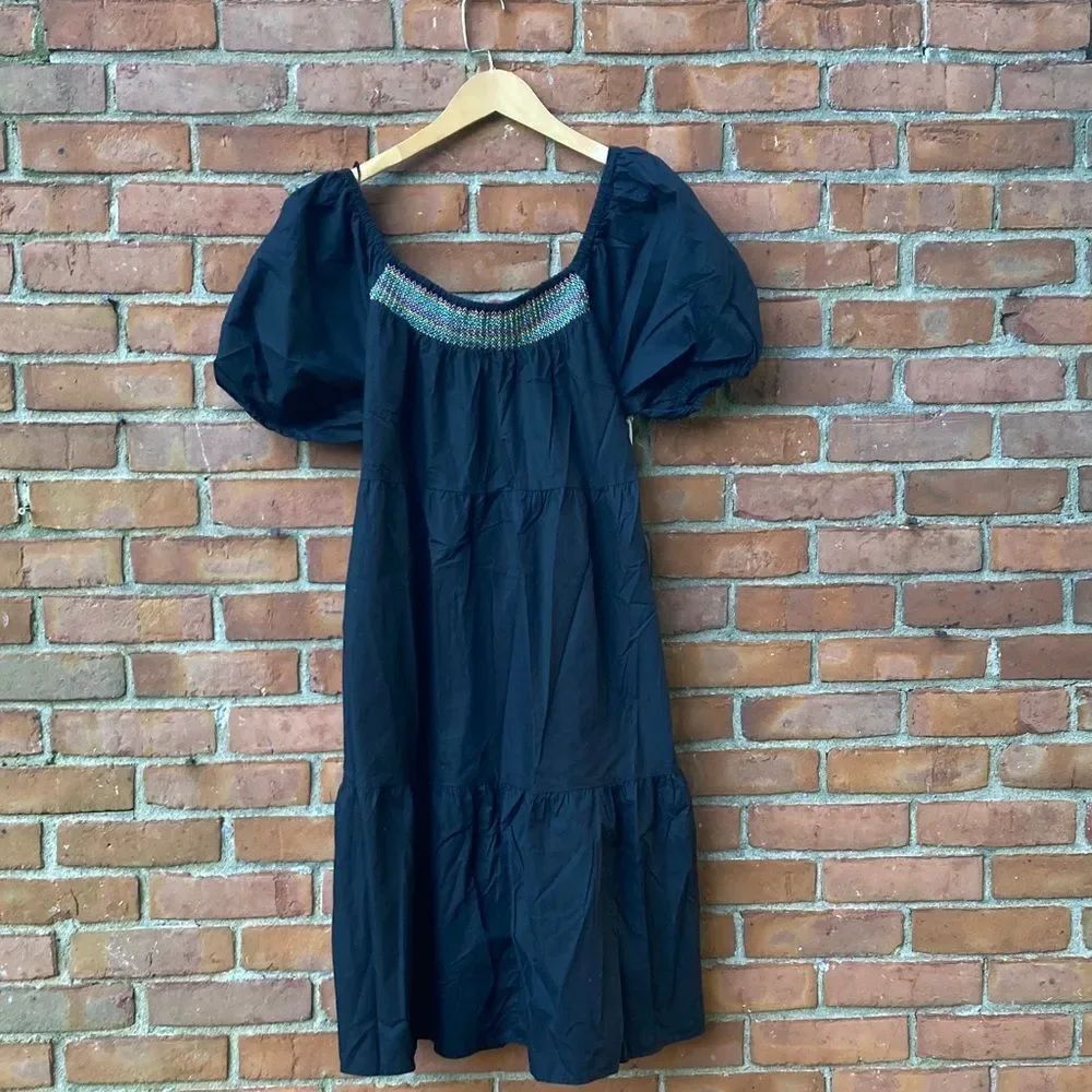A.n.a Black Puff Sleeve Midi Dress with Embroidered Neckline